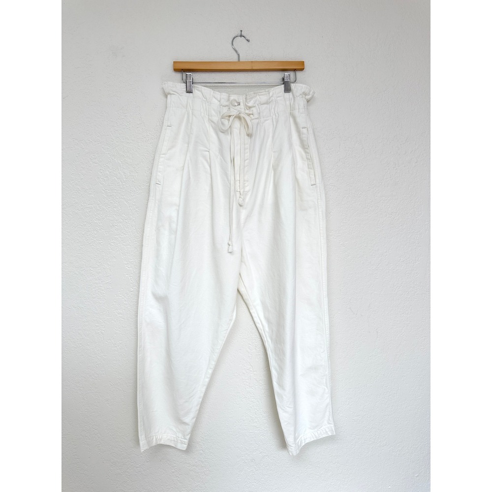 Free People Margate Trousers White Cotton Canvas Paperbag Pleated Pants Large